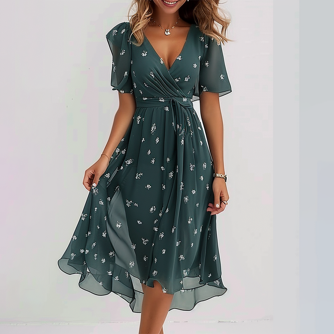 OLIVIA™ SHORT SLEEVE GREEN MIDI DRESS