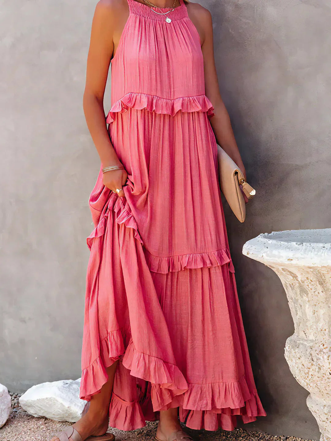 Charlize™ - Sunshine Breeze Halter Ruffle Maxi Dress