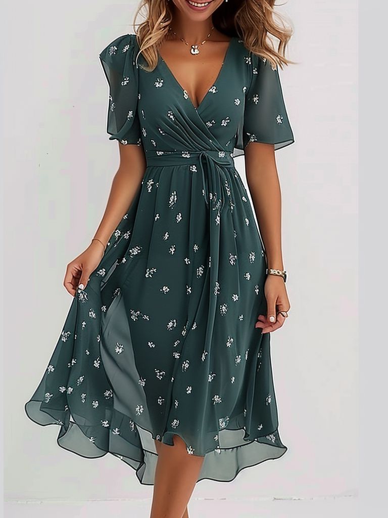 OLIVIA™ SHORT SLEEVE GREEN MIDI DRESS