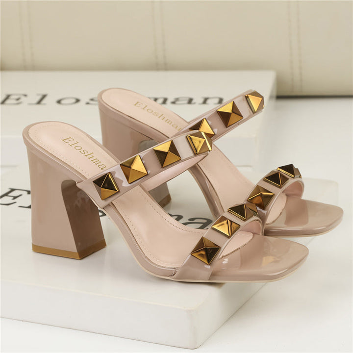 Luna™ - Square Toe Rivet Slip on Block Heeled Orthopedic Sandals