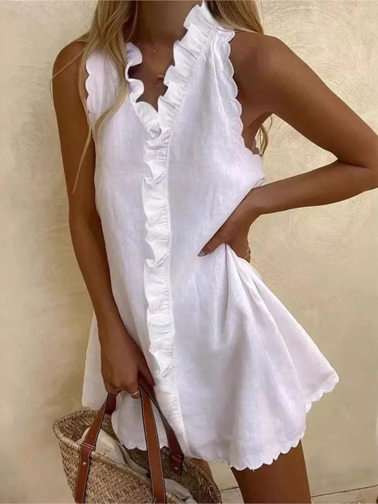 Anna™ - Casual White Summer Dress with V Neck and Ruffles