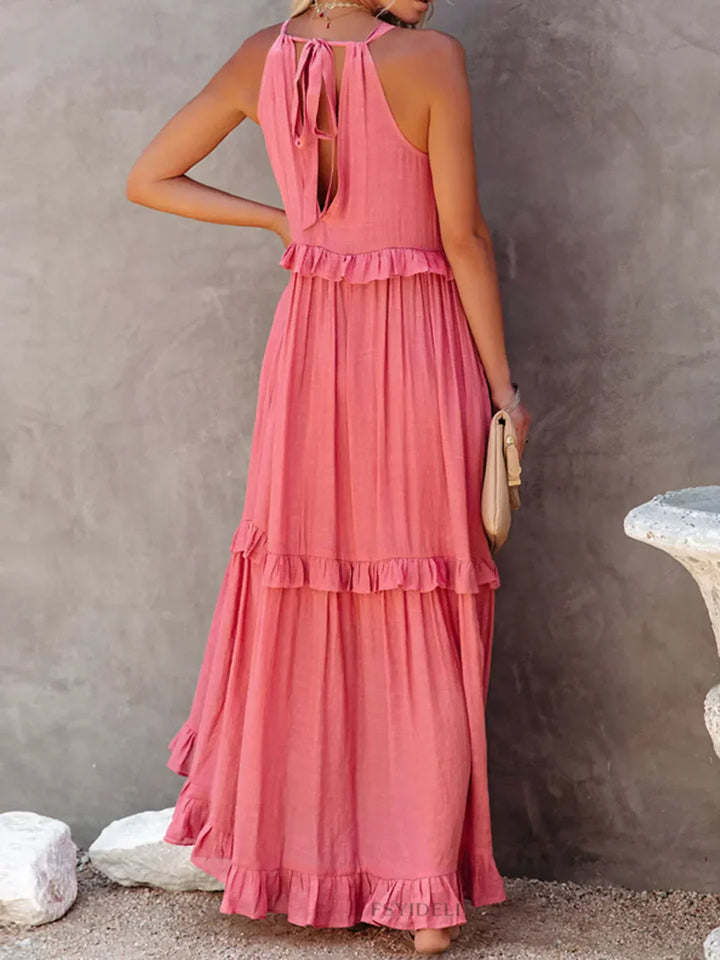 Charlize™ - Sunshine Breeze Halter Ruffle Maxi Dress