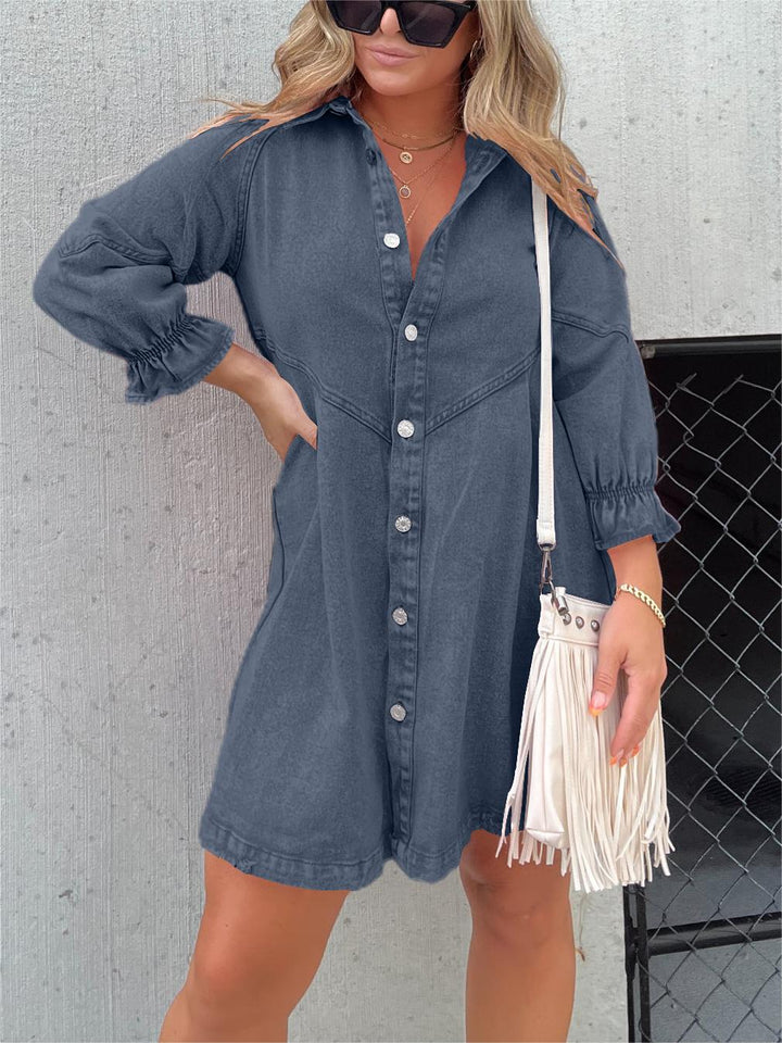 Lykke™ - Washed Denim Dress with Puff Sleeves