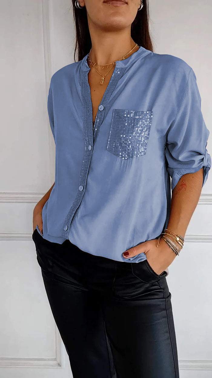 Sequin™ V-neck Mid-sleeve Casual Top