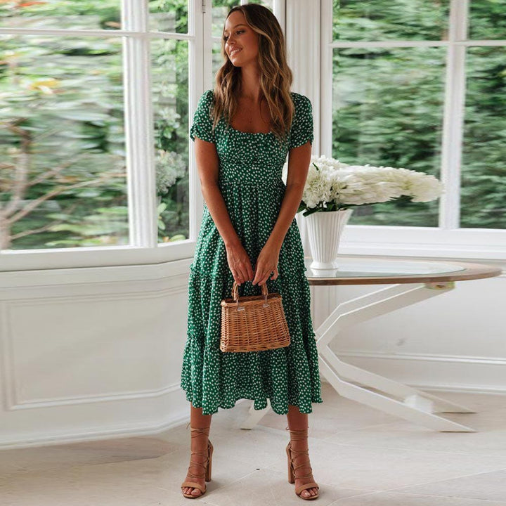 ELARA™ - BOHEMIAN GREEN MIDI DRESS WITH PUFF SLEEVE